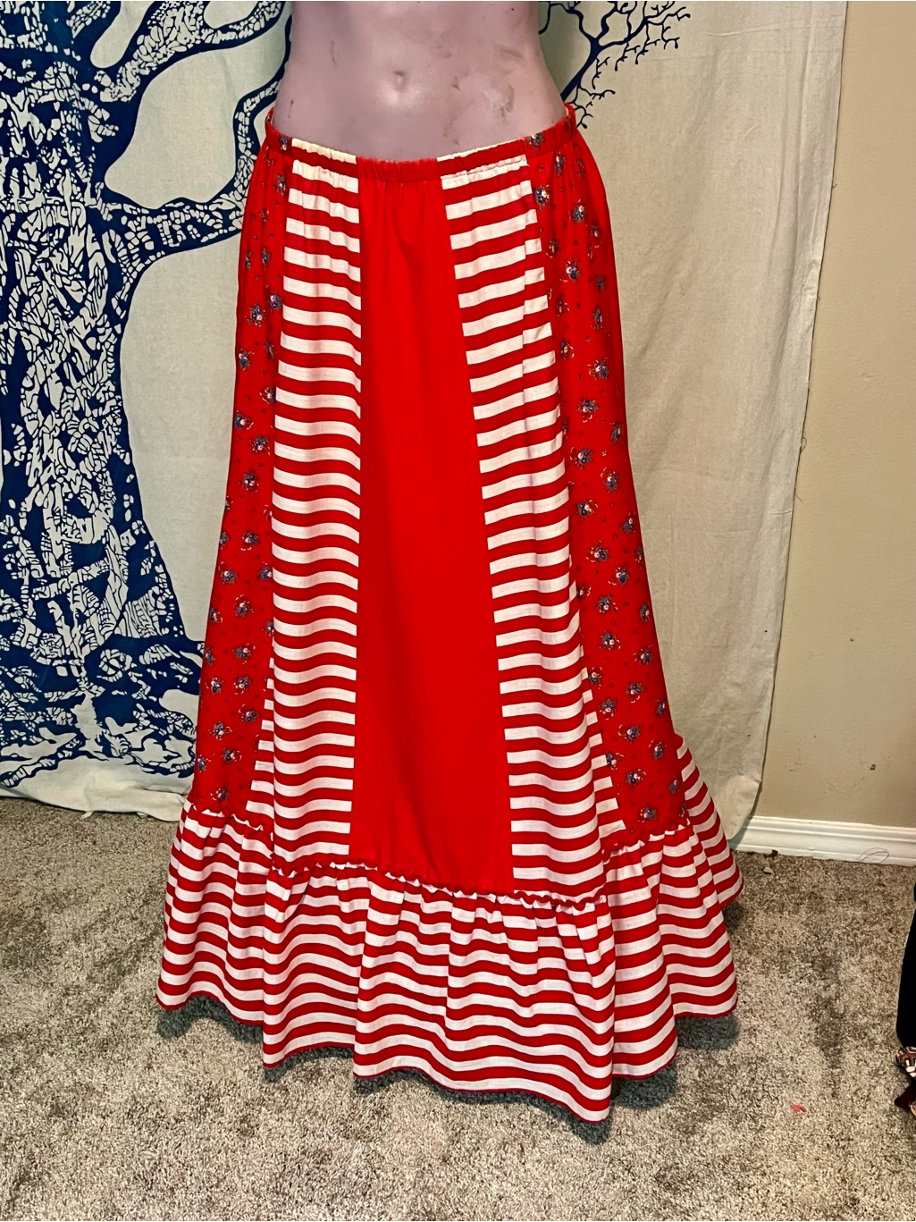 Vintage 70s Red Striped & Floral Maxi Skirt - Women's Elastic Waist